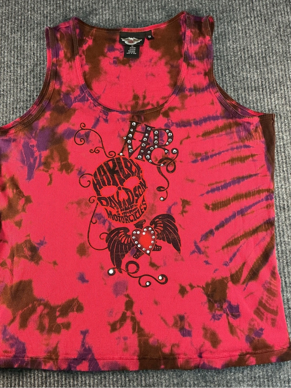 Harley-Davidson Pink Tie-Dye Tank with Heart & Wing Graphic